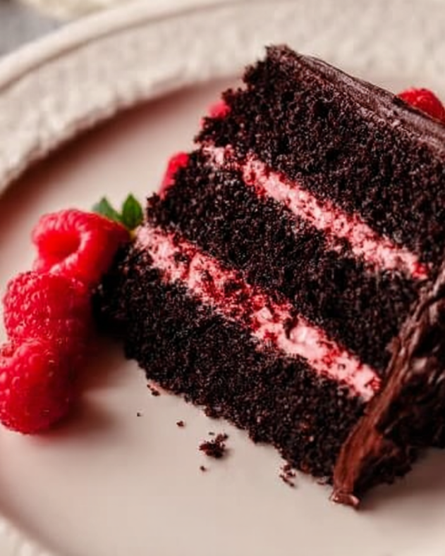 Slice of rich chocolate cake with vibrant raspberry filling and frosting, garnished with fresh raspberries on a plate to highlight the cake’s moist texture and layered contrast.​