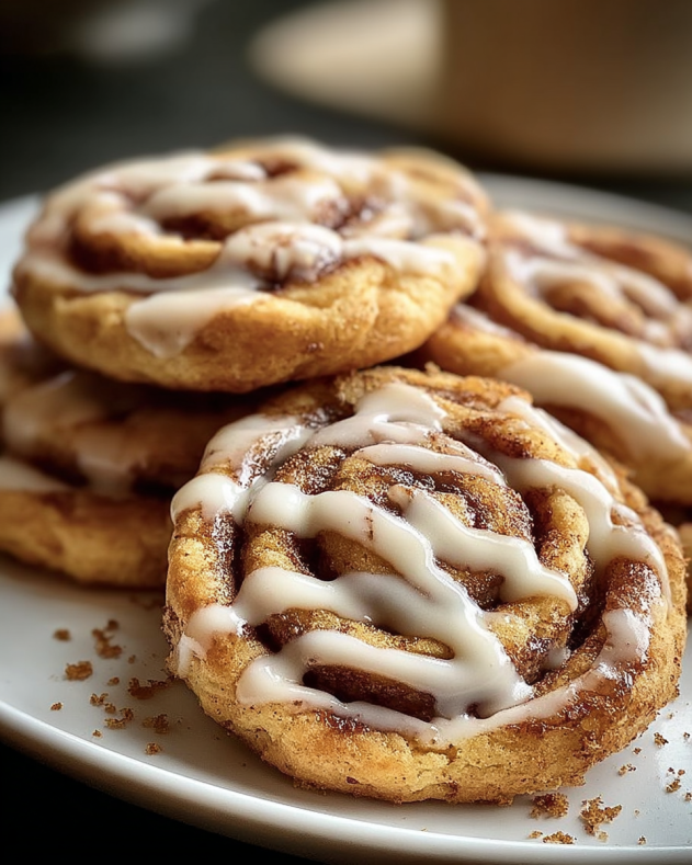 Cinnamon Roll Cookies Close-up of soft, golden-brown cinnamon roll cookies drizzled with creamy white icing, stacked on a white plate, showcasing their swirled cinnamon-sugar layers and tender texture.