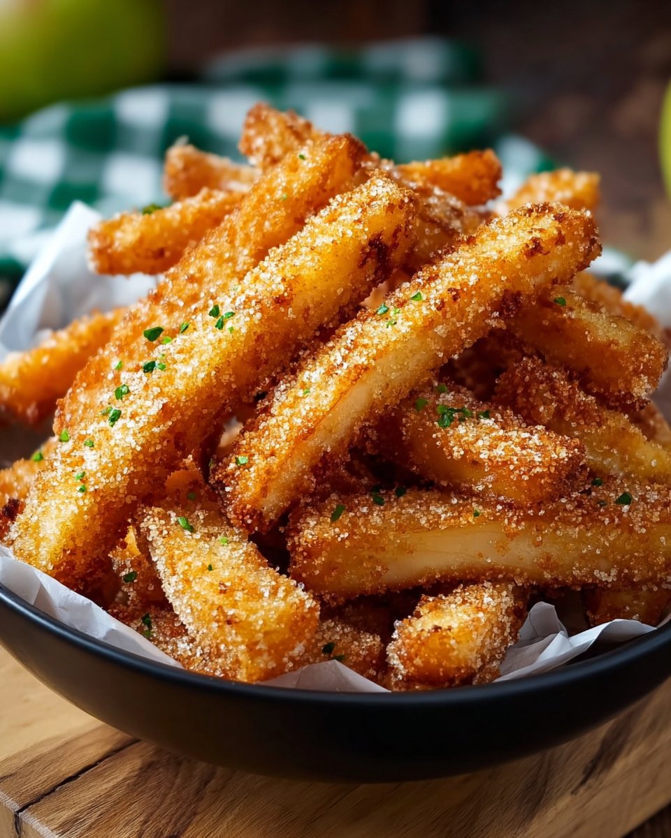 Crispy Air Fryer Apple Fries A bowl of crispy air fryer apple fries coated in a golden cinnamon sugar crust, garnished with chopped herbs and served on parchment paper.