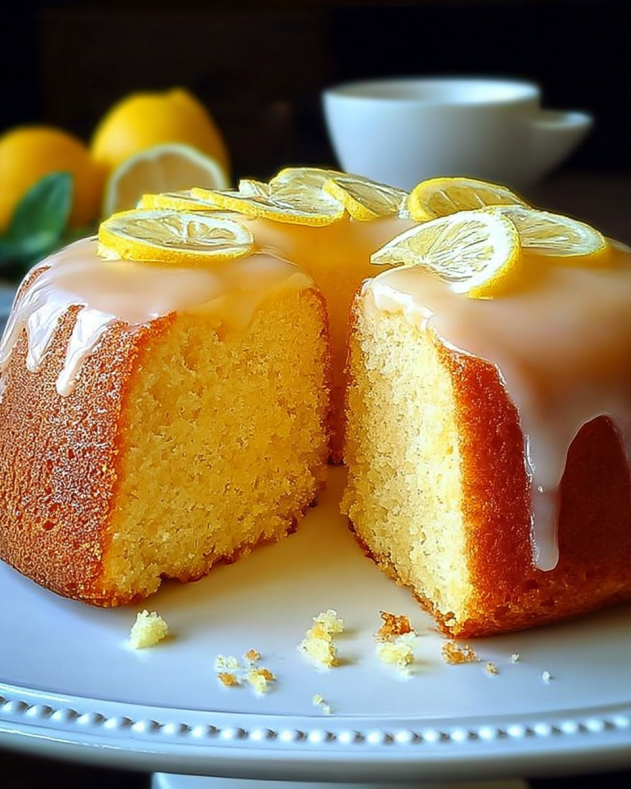 Golden lemon cake with a moist, tender crumb, topped with glossy lemon glaze and fresh lemon slices, presented on a white plate with scattered cake crumbs for a bright, zesty look.​