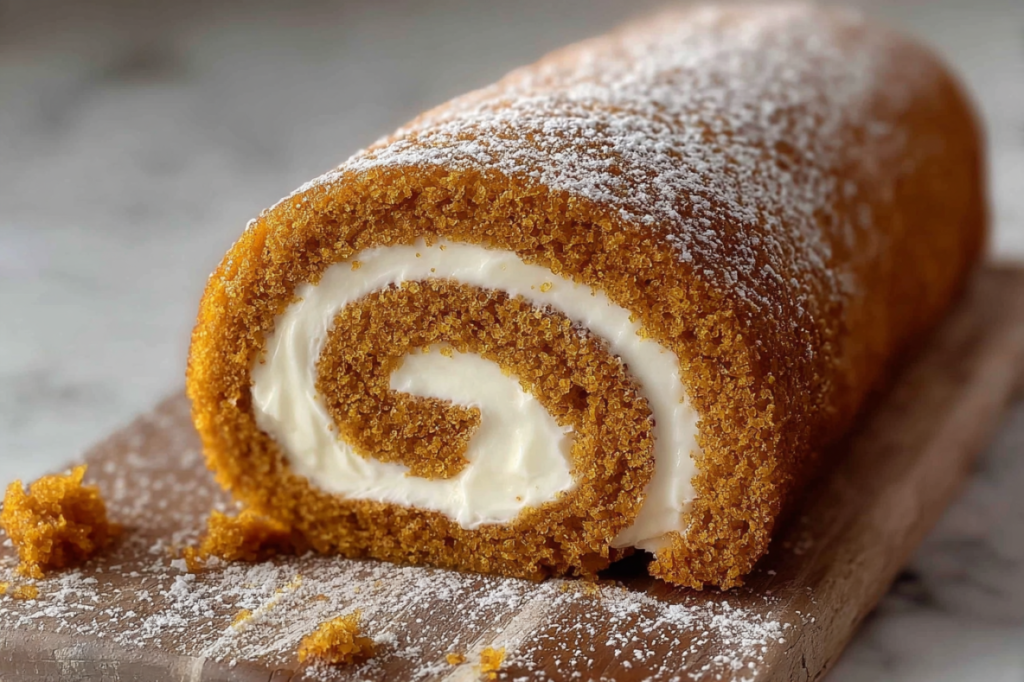 Pumpkin spice roll cake with cream cheese filling, rolled tightly and dusted with powdered sugar, displayed on a wooden board.