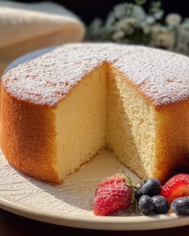 Tall, airy sponge cake dusted with powdered sugar, showcasing its light and fluffy texture with a perfect golden crust, served with fresh strawberries and blueberries on a white plate.​