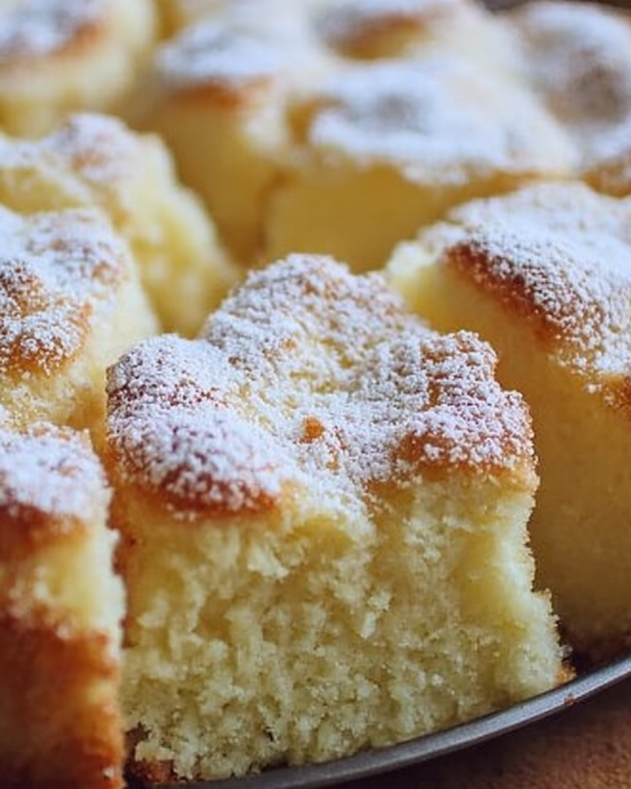 Close-up of fluffy French butter cake dusted with powdered sugar, showcasing its golden, tender crumb and soft texture in square slices.​