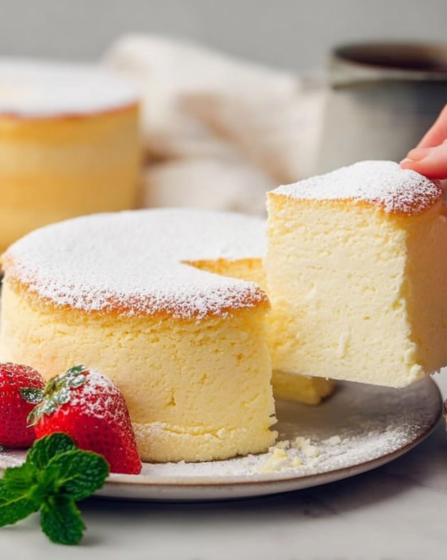 Fluffy Japanese cotton cheesecake dusted with powdered sugar, showing its airy, soufflé-like texture and pale golden top, served with fresh strawberries and mint on the side.​