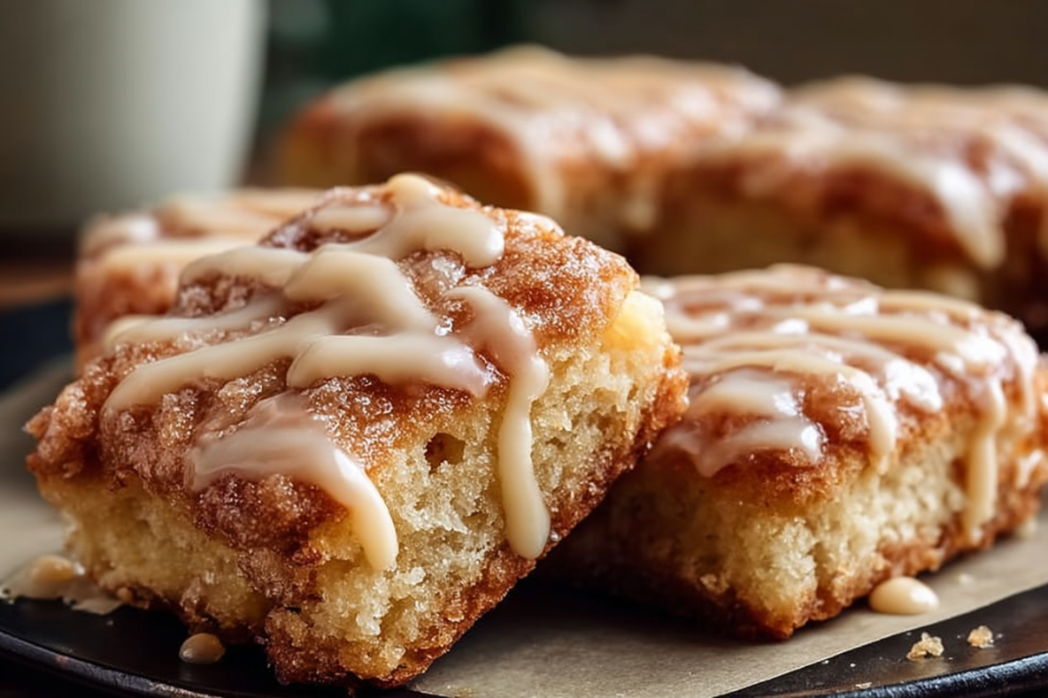Golden maple donut bars drizzled with sweet maple glaze, showing a soft, moist crumb and sparkling sugar topping, arranged closely together on parchment