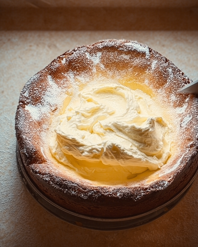 Crustless golden cake dusted with powdered sugar, topped with a generous swirl of creamy whipped frosting in the center, highlighting its rich and airy "melt-in-your-mouth" texture.​