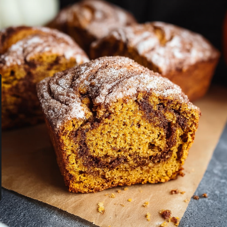 Mini pumpkin bread loaf with a cinnamon swirl and sugared top, sliced to show its soft, moist crumb and cinnamon ribbon.