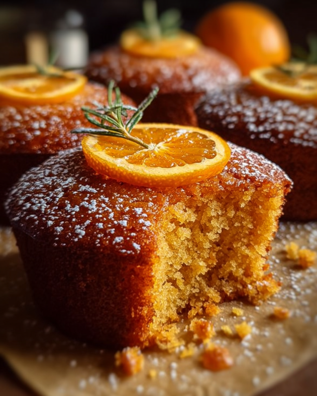Orange Ginger Honey Cakes Close-up of moist orange ginger honey cakes topped with sugared orange slices and a sprig of rosemary, dusted with powdered sugar, showing their golden, tender crumb and glossy honey glaze.