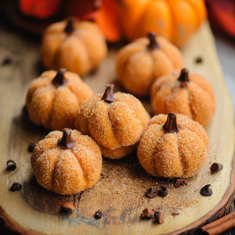 Pumpkin cheesecake truffles shaped like mini pumpkins, coated in cinnamon sugar with chocolate stems, displayed on a rustic wooden board.