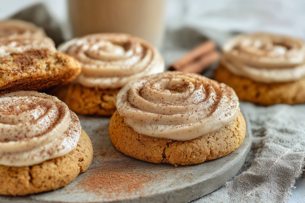 Pumpkin cookies topped with swirls of cinnamon cream cheese frosting, dusted with cinnamon, arranged on a rustic stone plate.