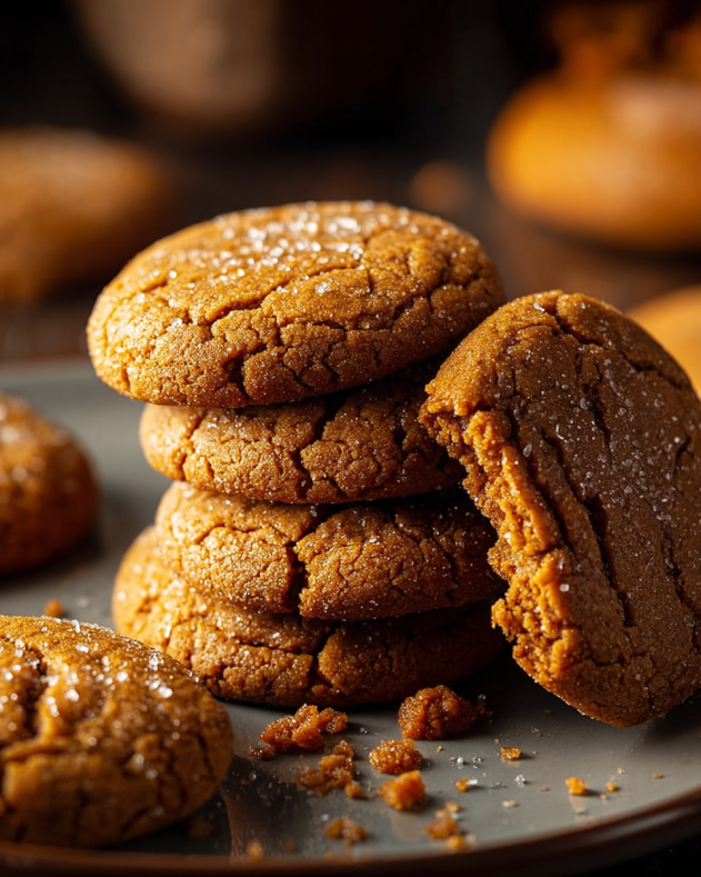 Pumpkin Maple Cookies Stack of soft and chewy Pumpkin Maple Cookies on a plate, coated with sugar and showing a cracked, golden-brown surface a cozy fall dessert full of warm spices.