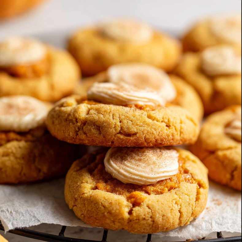 Pumpkin Pie Cookies for Halloween and Thanksgiving Pumpkin Pie Cookies Pumpkin pie cookies topped with creamy frosting and a sprinkle of cinnamon, arranged in a stack on parchment paper with more cookies in the background.
