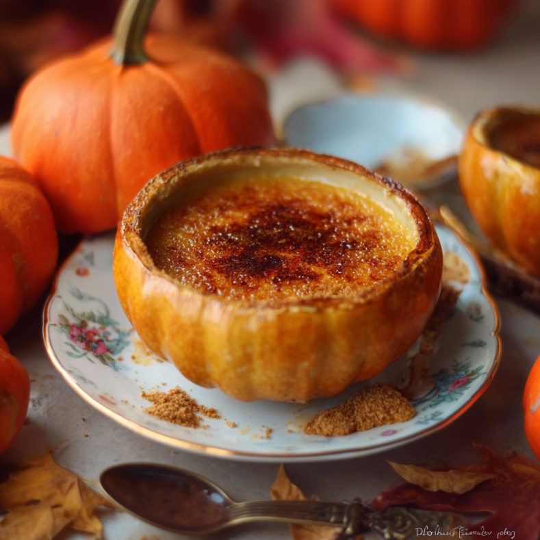 Pumpkin spice crème brûlée served in a hollowed mini pumpkin, with a caramelized sugar topping, surrounded by decorative pumpkins and autumn leaves on a floral dessert plate.