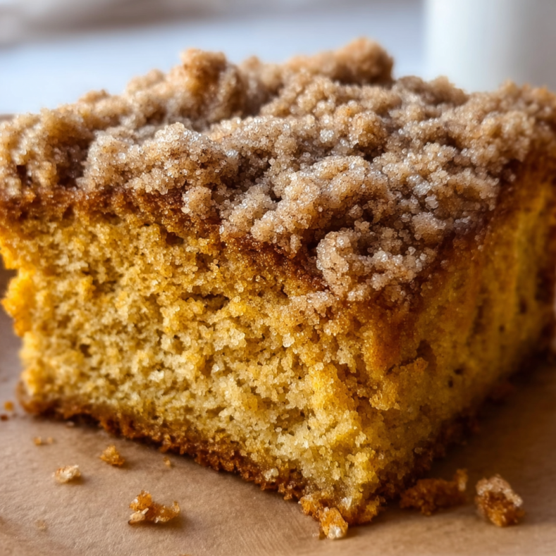 A thick slice of pumpkin streusel coffee cake with a tender, golden pumpkin base and a generous layer of cinnamon-sugar crumble topping, served on a sheet of parchment paper.

