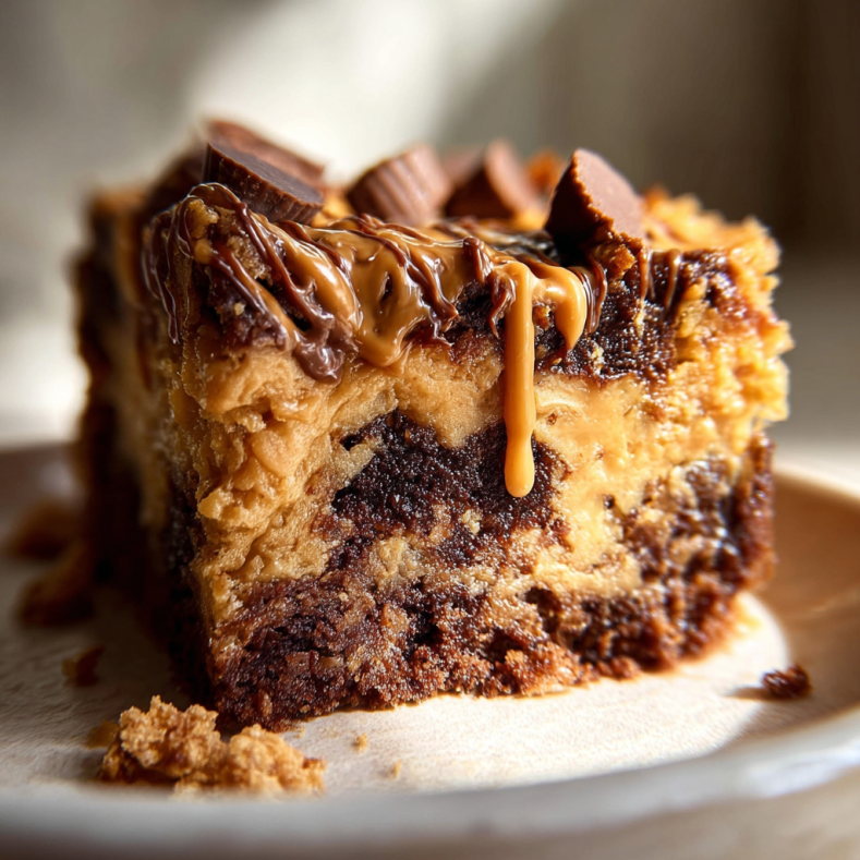 Decadent slice of Reese’s peanut butter earthquake cake with swirled chocolate and peanut butter layers, topped with mini peanut butter cups and drizzled with melted chocolate and caramel.