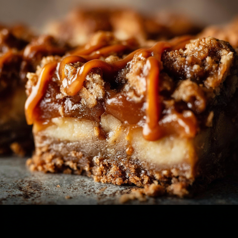 Salted caramel apple pie bars with crumbly streusel topping, gooey cinnamon apple filling, and rich caramel drizzle, shown in a close-up with visible layers.