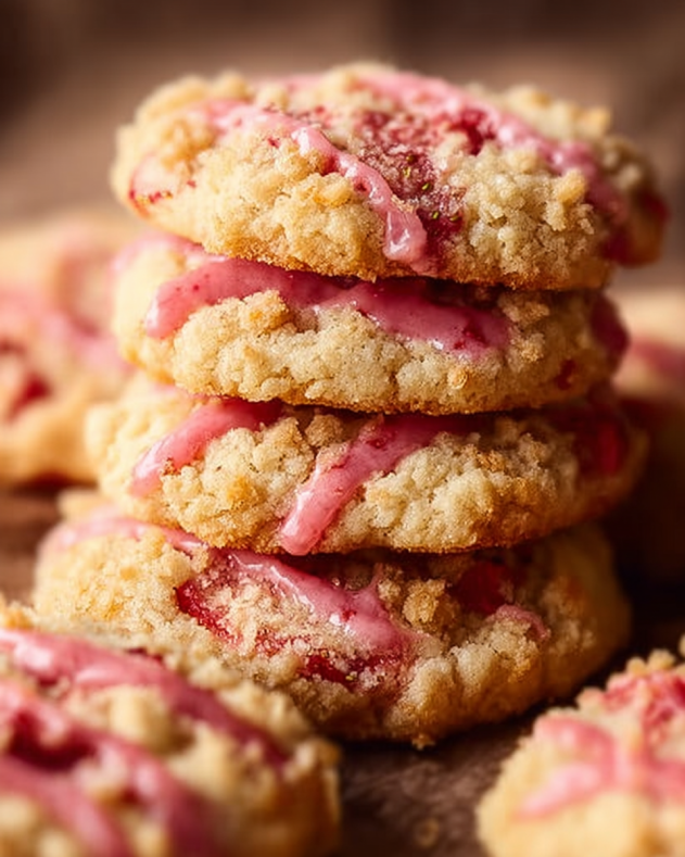 Strawberry_Crunch_Cookies Strawberry crunch cookies stacked on a wooden table, topped with a pink strawberry glaze and showing their crumbly texture with bits of strawberry.
