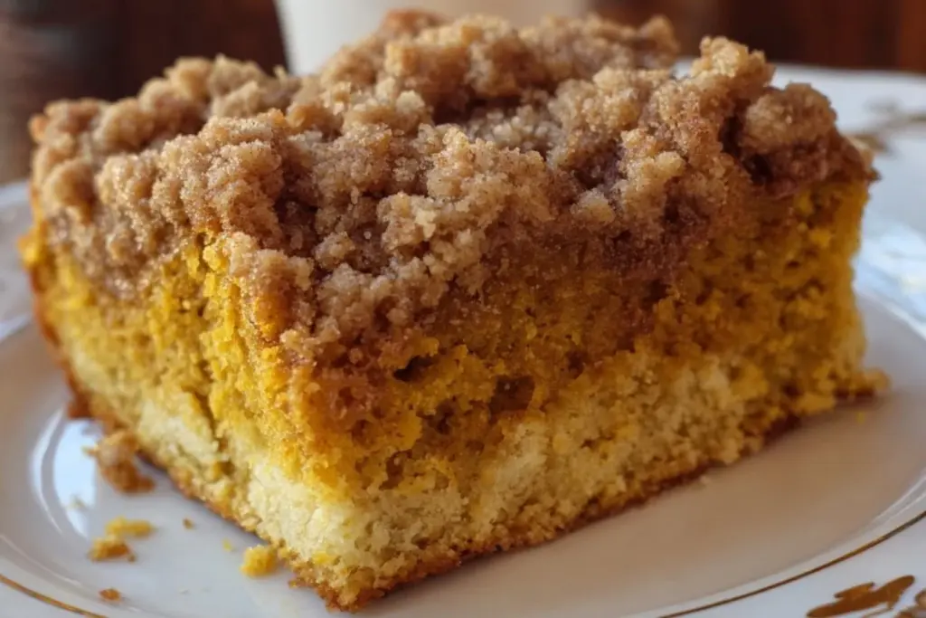 Amish Pumpkin Streusel Coffee Cake topped with crunchy streusel