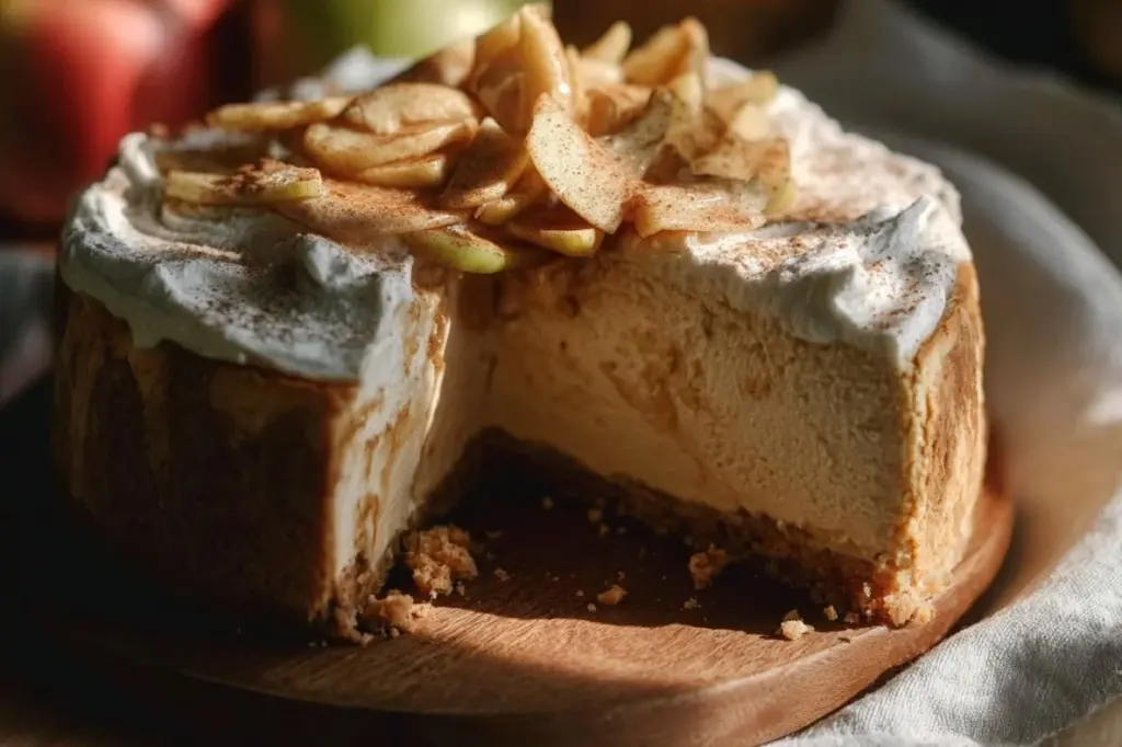 Delicious slice of Apple Cider Cheesecake topped with caramel drizzle.