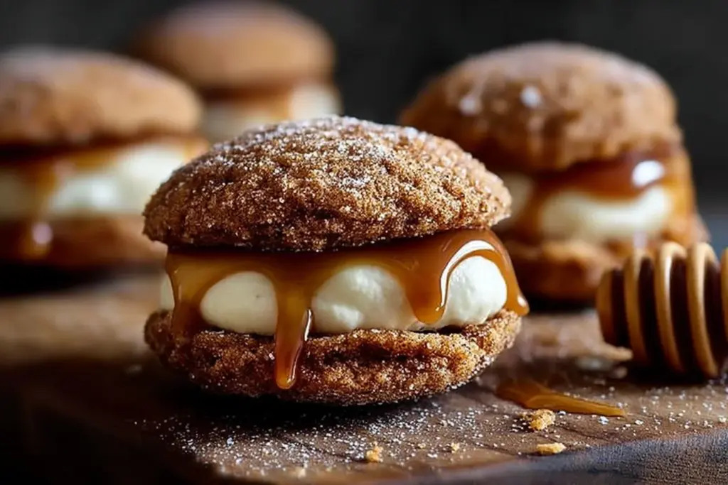 Apple cider whoopie pie cookies drizzled with caramel sauce