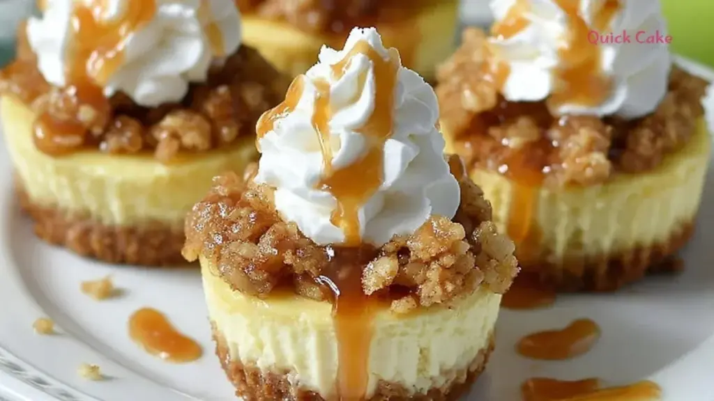 Delicious apple crisp mini cheesecakes served in individual portions