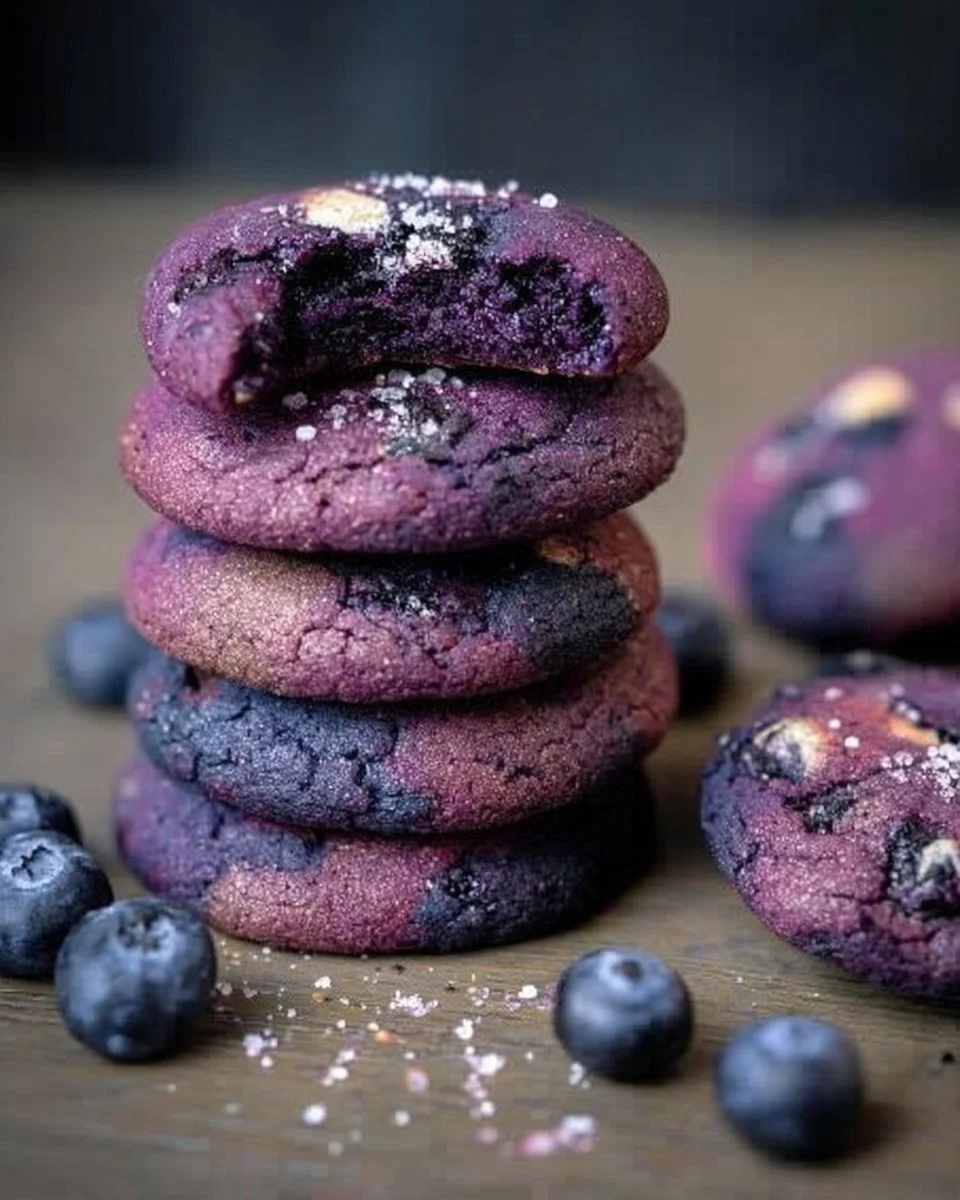 Freshly baked blueberry cookies with a delicious, golden-brown exterior and vibrant blueberries.