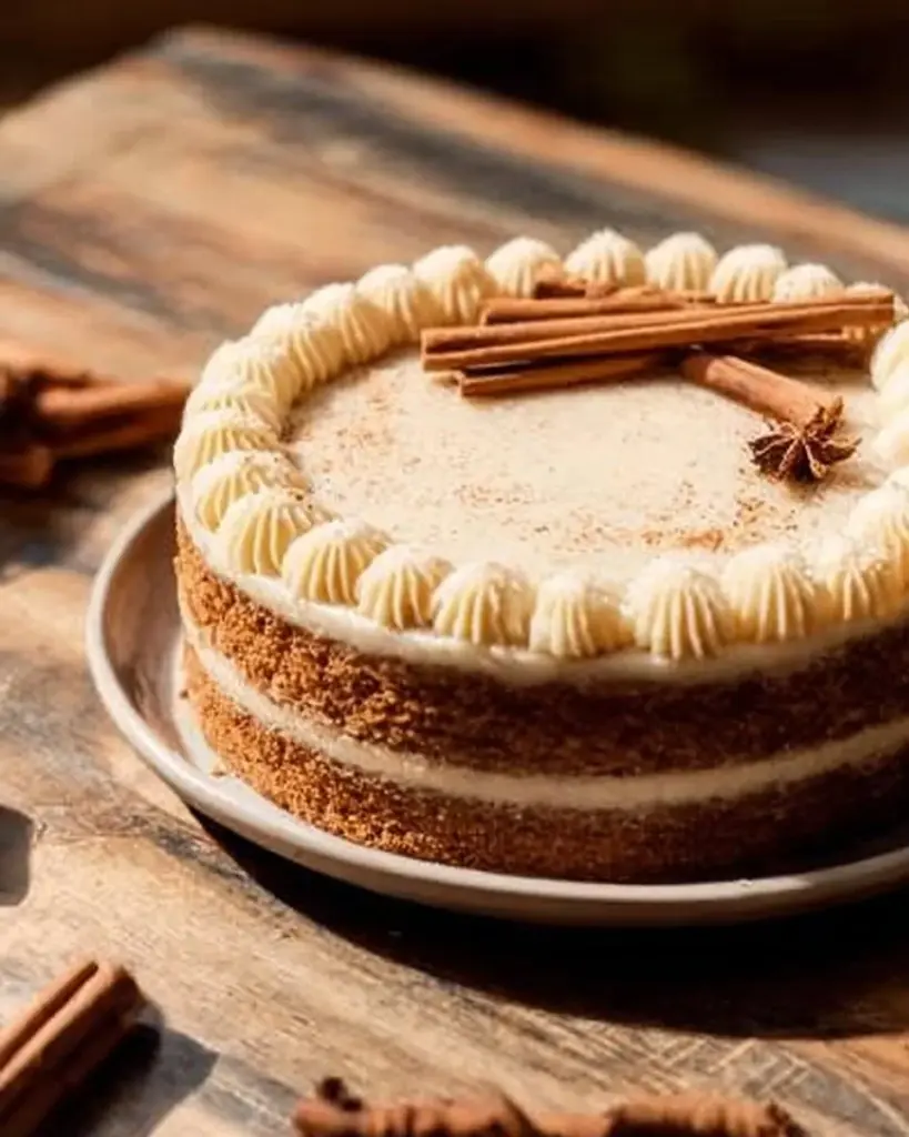 Slice of Brown Sugar Chai Cake topped with spices and brown sugar glaze