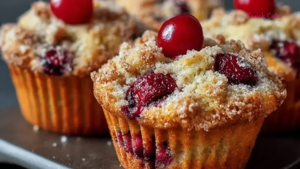 Freshly baked cherry cobbler muffins topped with a crumbly golden crust.