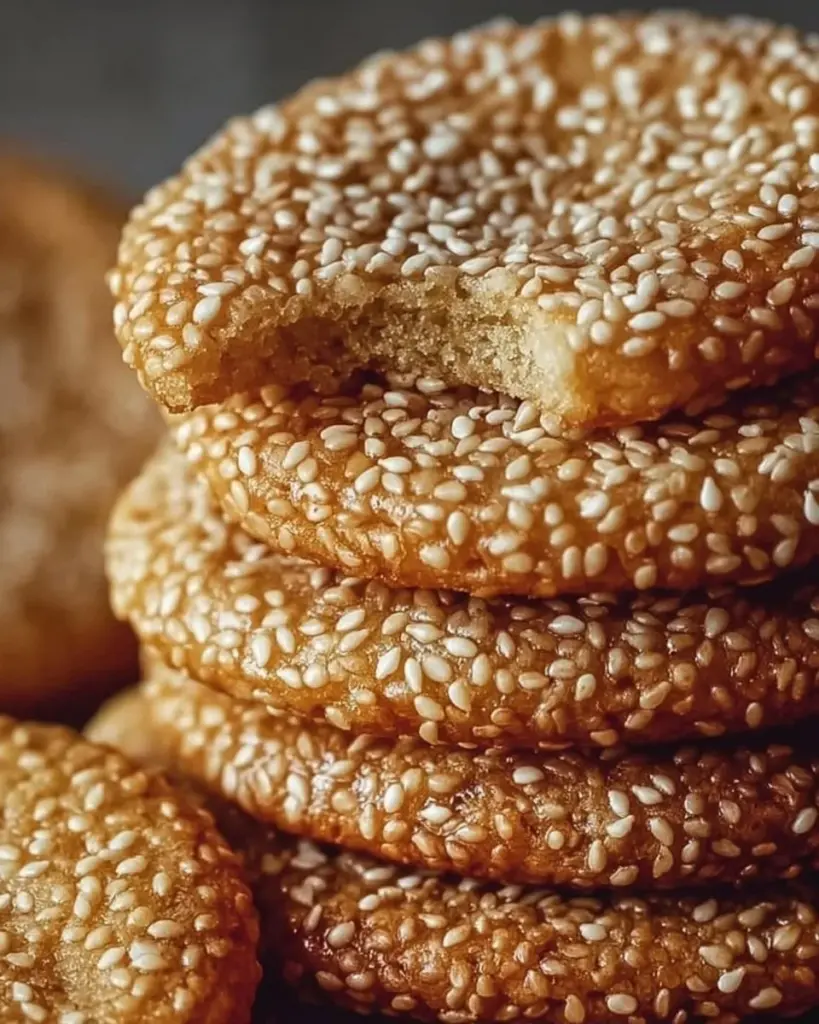 Delicious chewy sesame cookies with a golden crust and sprinkle of sesame seeds