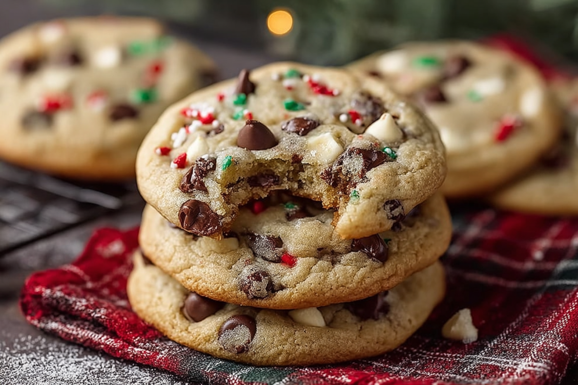 A stack of festive chocolate chip cookies topped with white and dark chocolate chips and colorful red and green sprinkles, with one cookie showing a soft, chewy center.