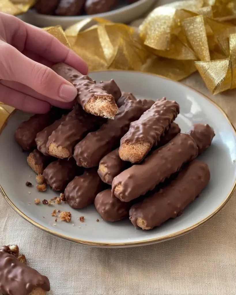 Delicious chocolate-dipped cigar cookies ready to enjoy.