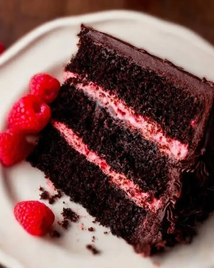 Delicious Chocolate Raspberry Cake topped with fresh raspberries and chocolate shavings