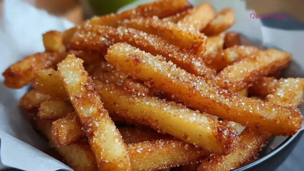 Crispy air fryer apple fries served with a dipping sauce
