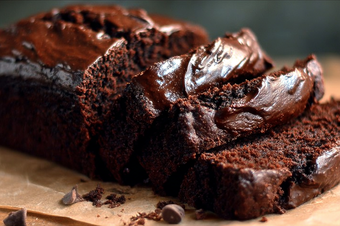 A sliced loaf of dark chocolate pumpkin bread with a glossy chocolate glaze on top, displaying its rich, moist texture and deep chocolate color, with chocolate chips scattered around.