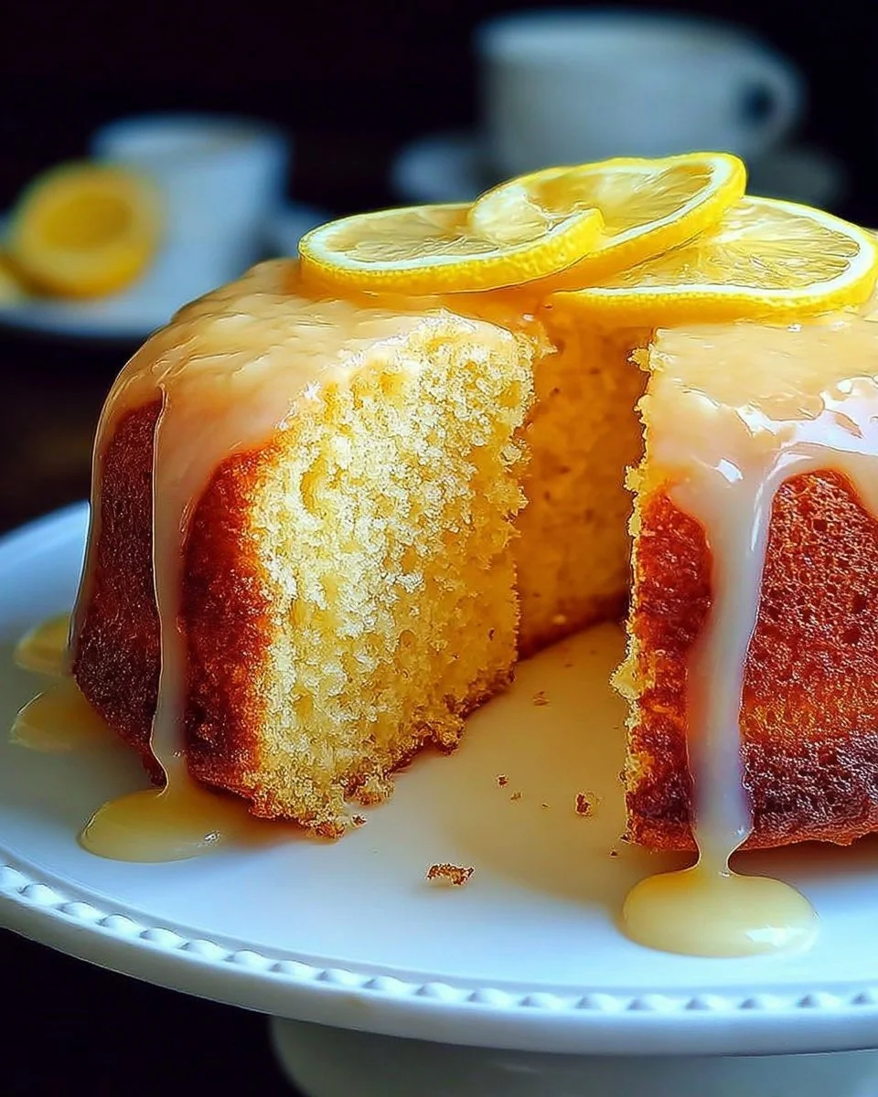 Slice of delicious lemon cake with lemon slices and icing on top