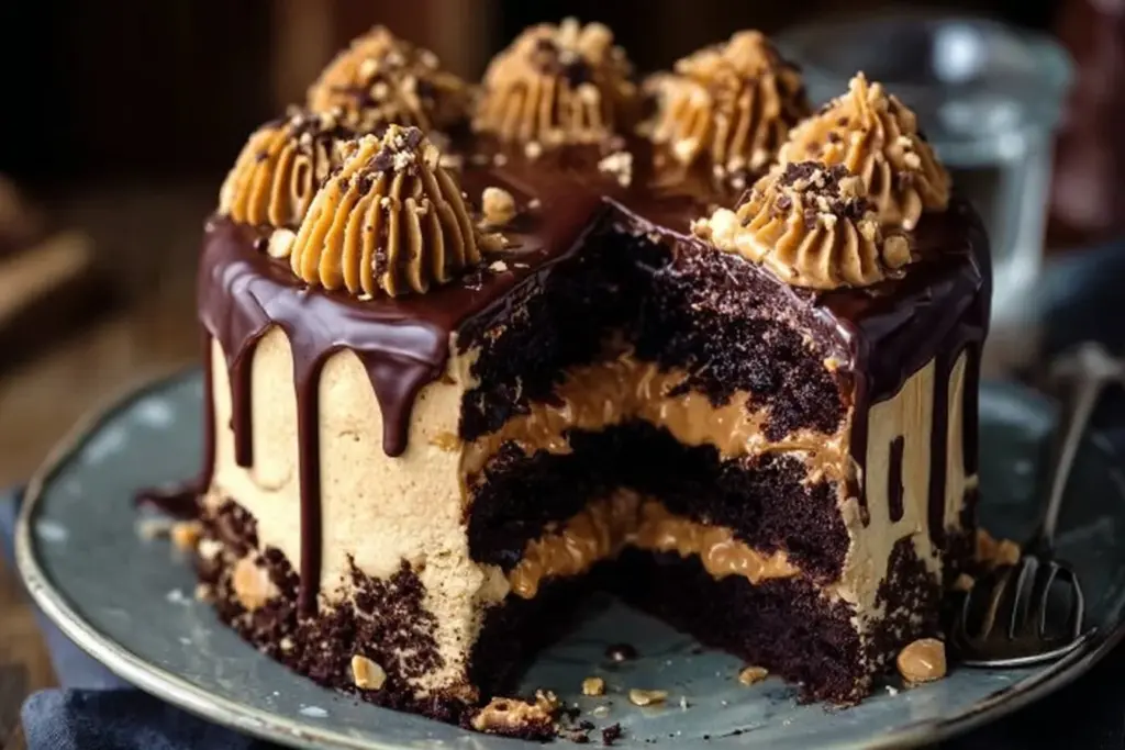 A slice of extra moist and rich chocolate peanut butter cake on a white plate.
