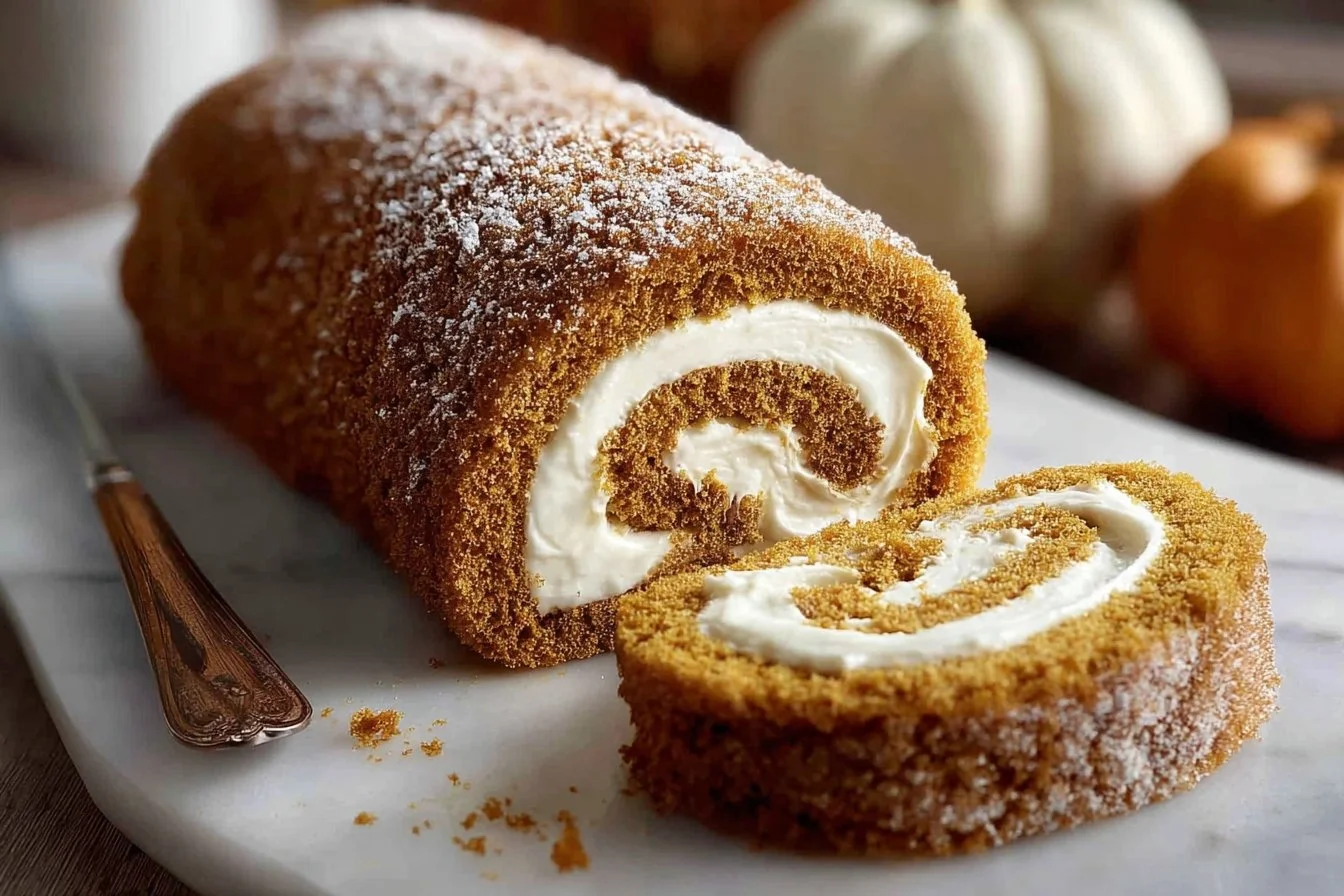 Delicious Fall Pumpkin Spice Roll Cake with cream filling and autumn spices