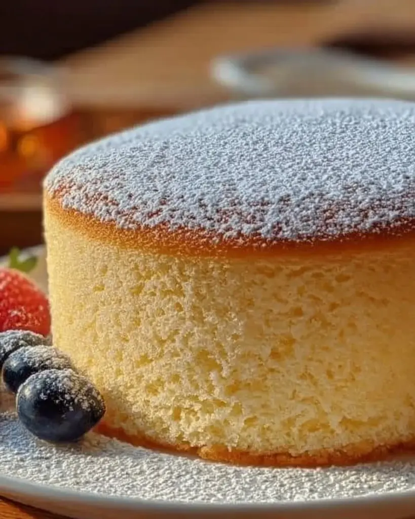 Delicious fluffy sponge cake with whipped cream and strawberries on a plate.