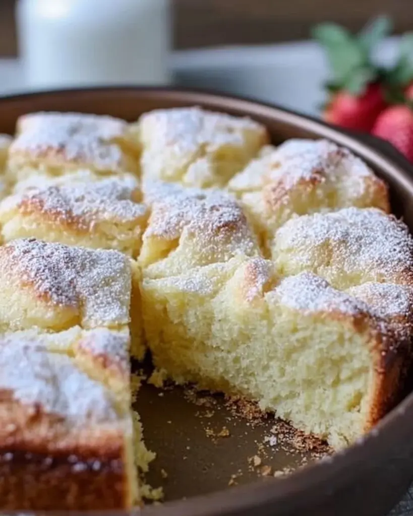 A delicious slice of French Butter Cake with a golden crust and creamy texture.