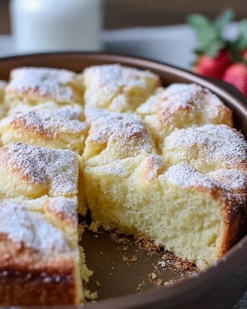 A delicious slice of French Butter Cake with a golden crust and creamy texture.