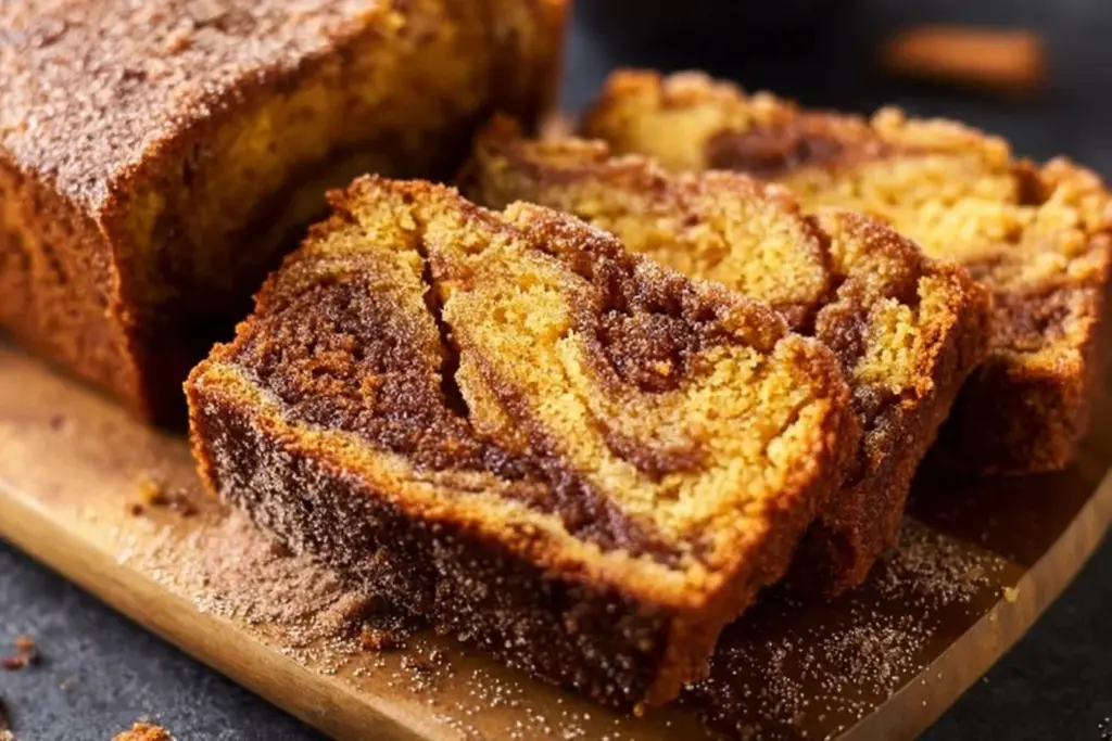 Mini Pumpkin Bread with Cinnamon Swirl decorated with fall leaves