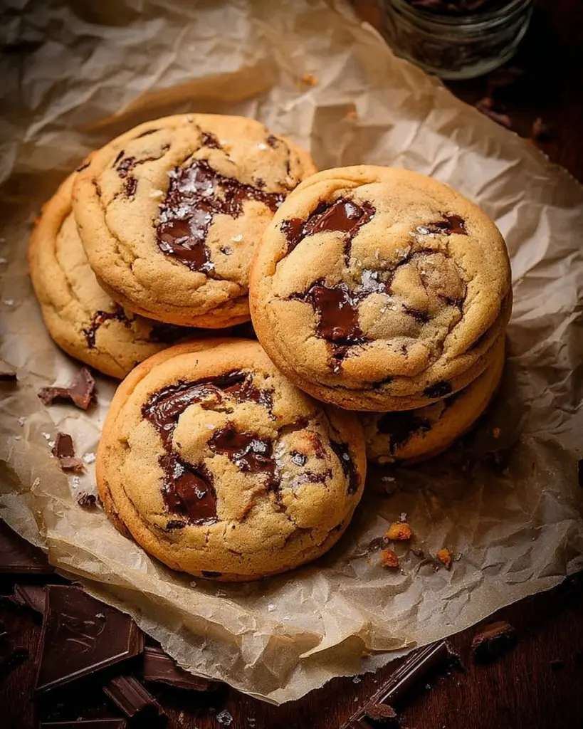 Nutella stuffed chocolate chip cookies on a plate, drizzled with chocolate.