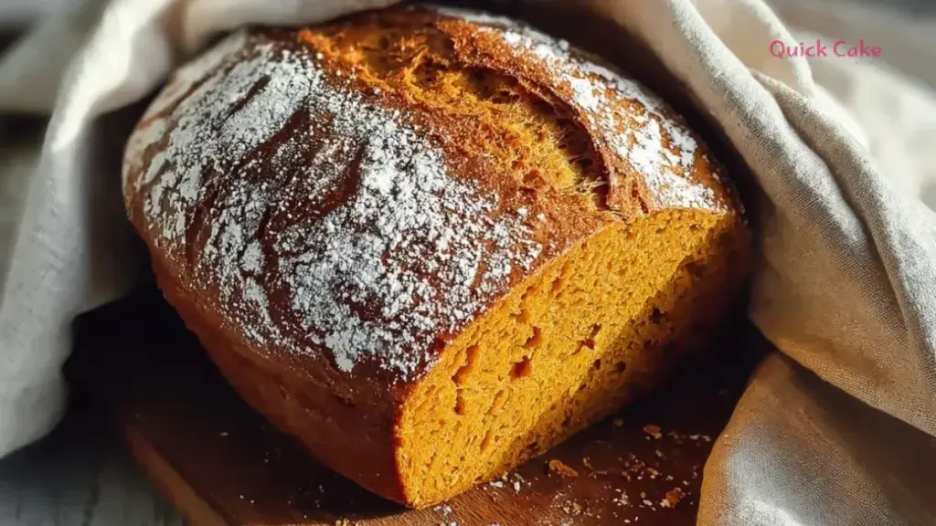 Loaf of perfectly baked Dutch oven pumpkin bread with spices