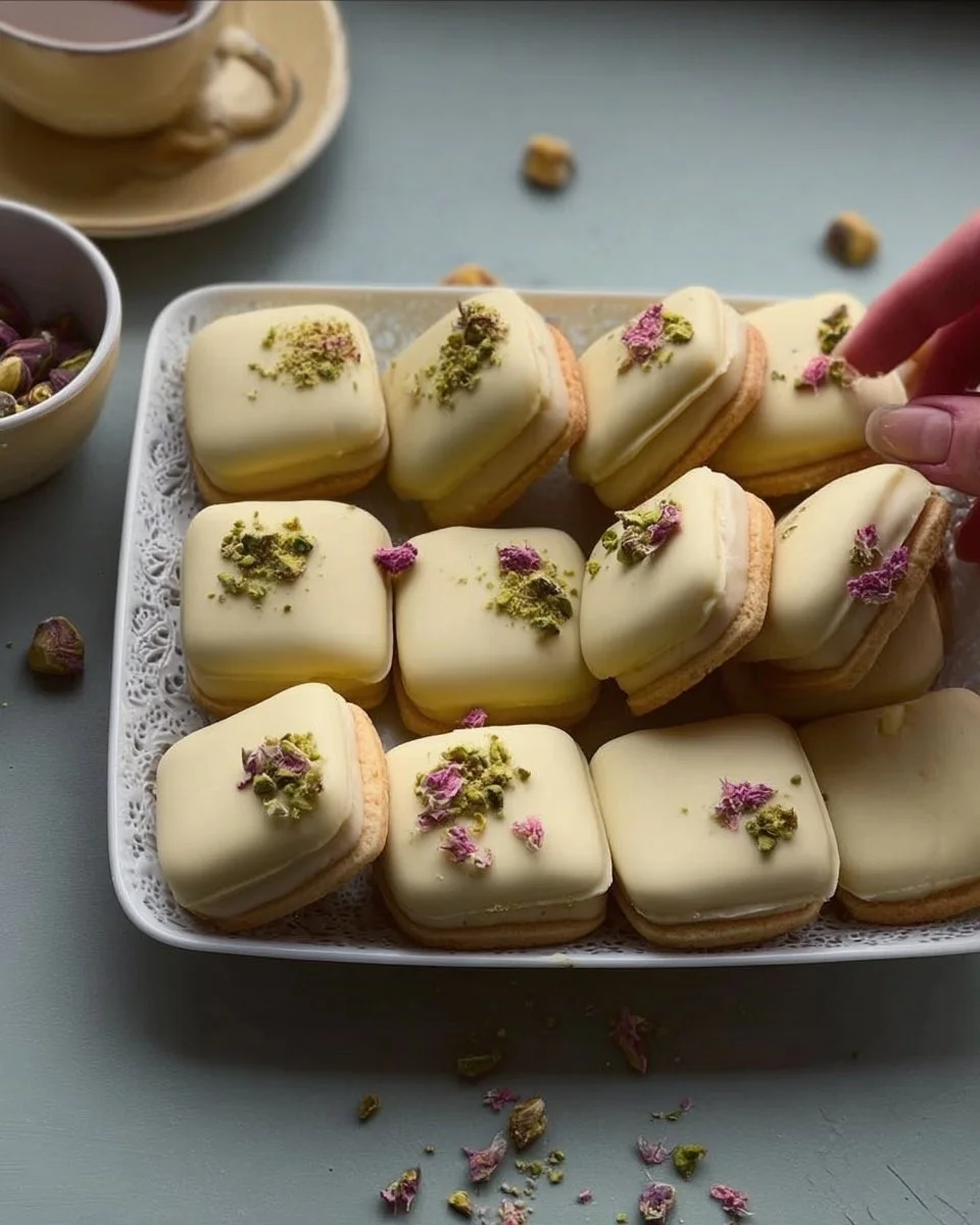 Delicious pistachio sandwich cookies on a plate