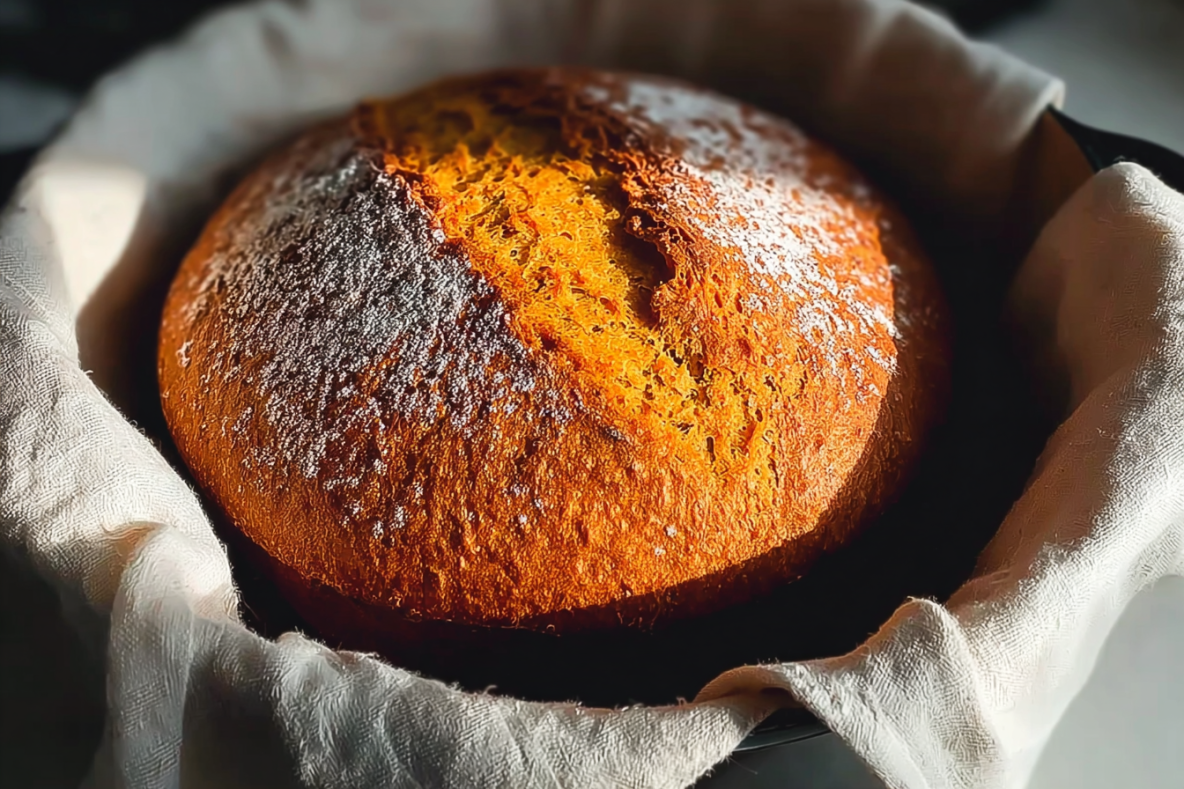 A round loaf of pumpkin bread with a crisp, golden crust and a dusting of flour, nestled in a cloth-lined bowl and bathed in warm sunlight.
