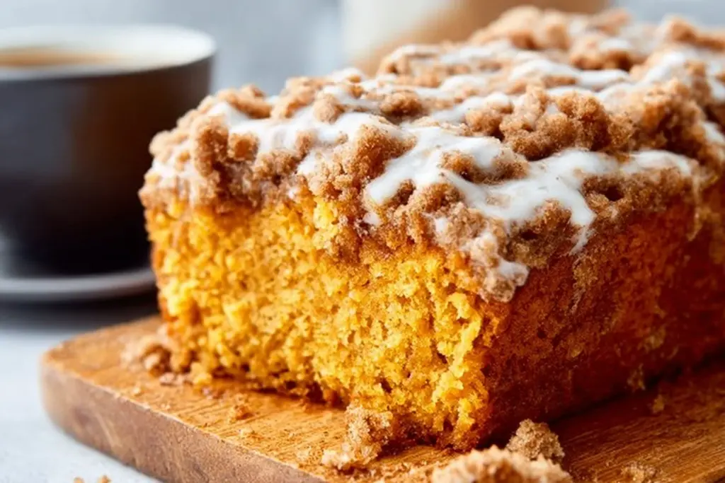 Slice of delicious Pumpkin Coffee Cake on a plate with coffee