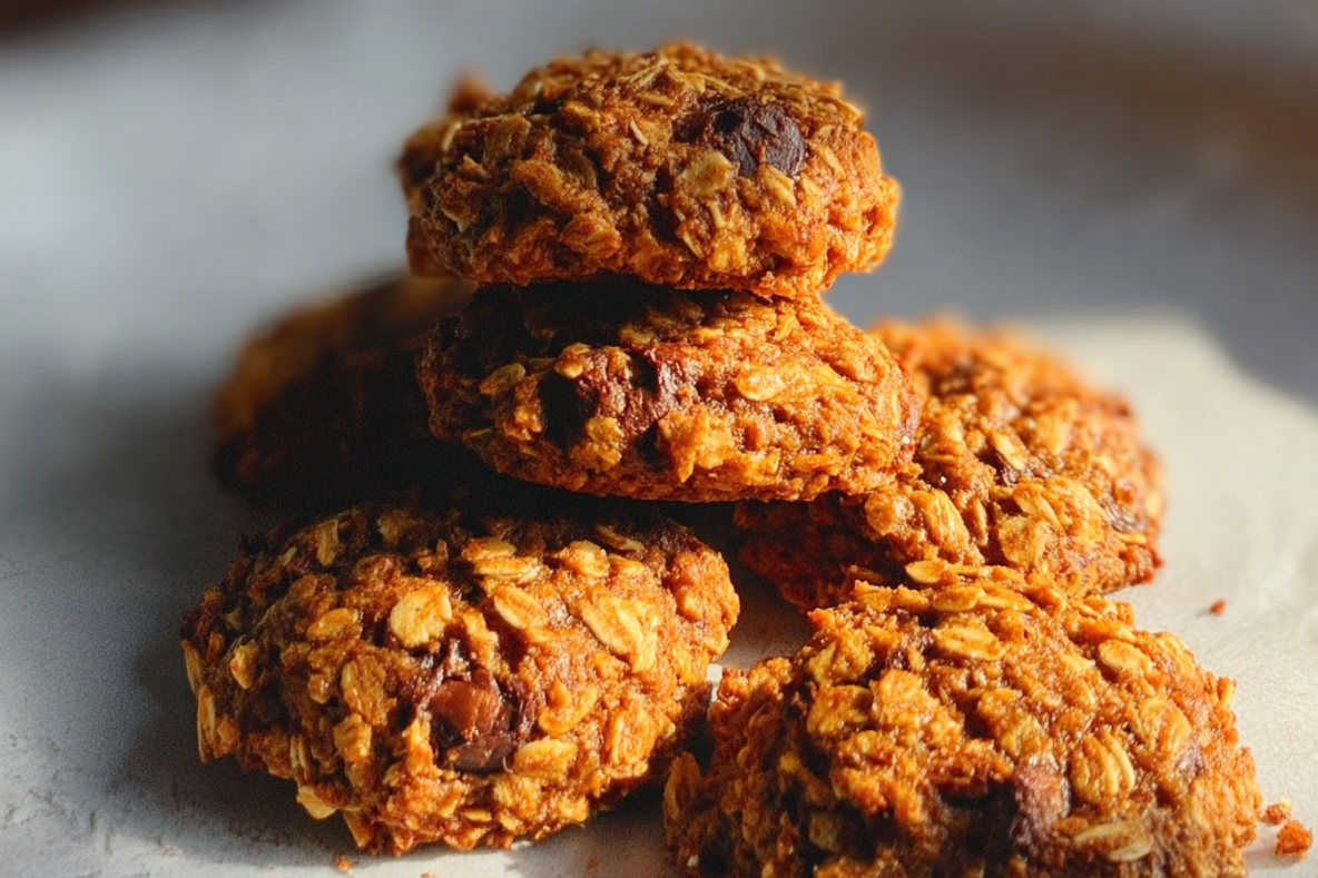 A stack of pumpkin oatmeal cookies with chocolate chips, showing their chewy texture and golden brown color, arranged on parchment paper.