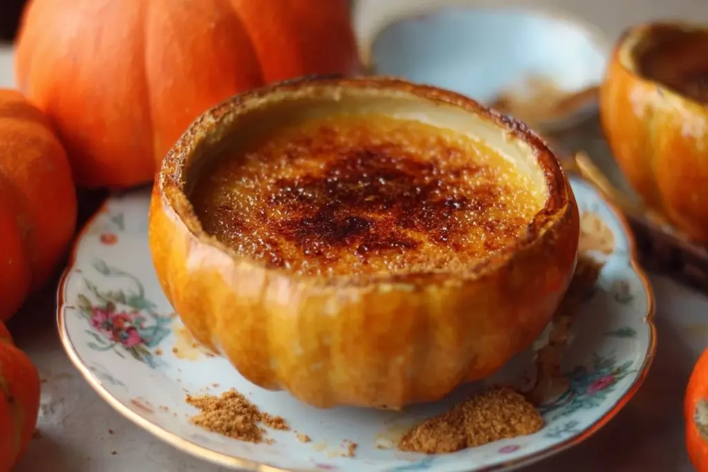 Pumpkin Spice Crème Brûlée dessert with a caramelized sugar top