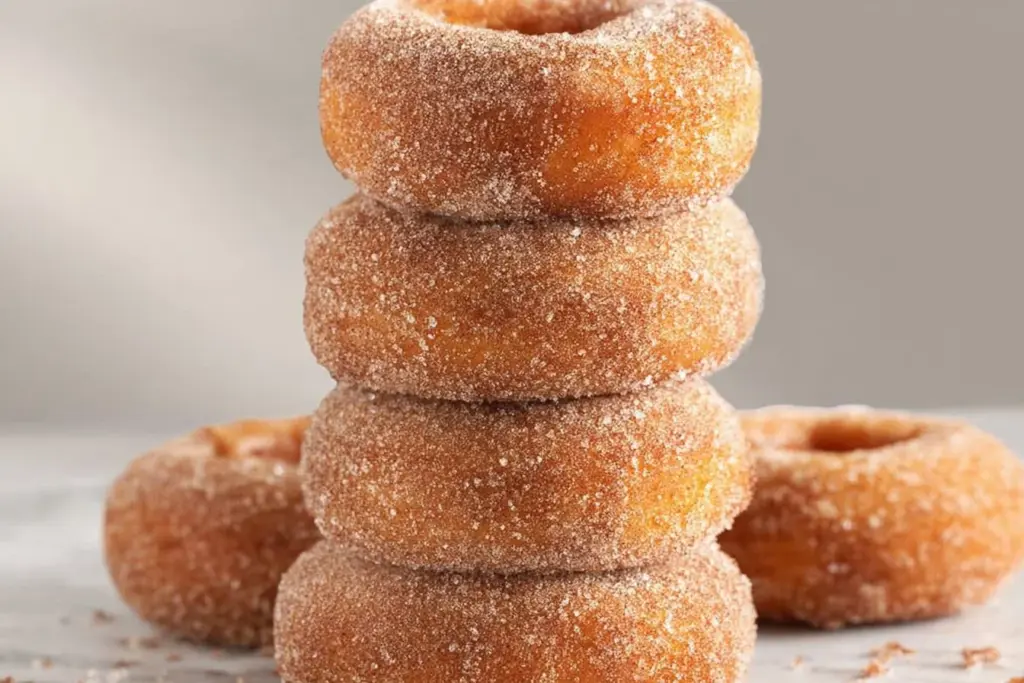 Freshly baked Pumpkin Spice Donuts topped with cream and cinnamon sugar