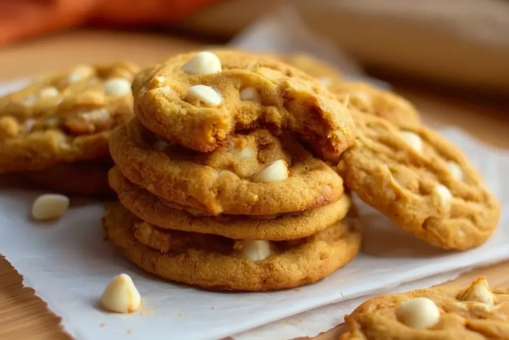 Delicious pumpkin white chocolate chip cookies on a cooling rack